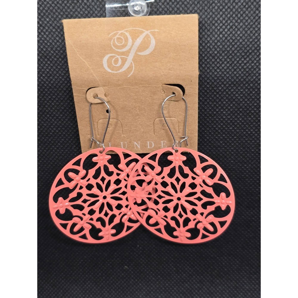 Plunder Design Coral Pink Filigree Drop Earrings Floral Cutout Boho Jewelry